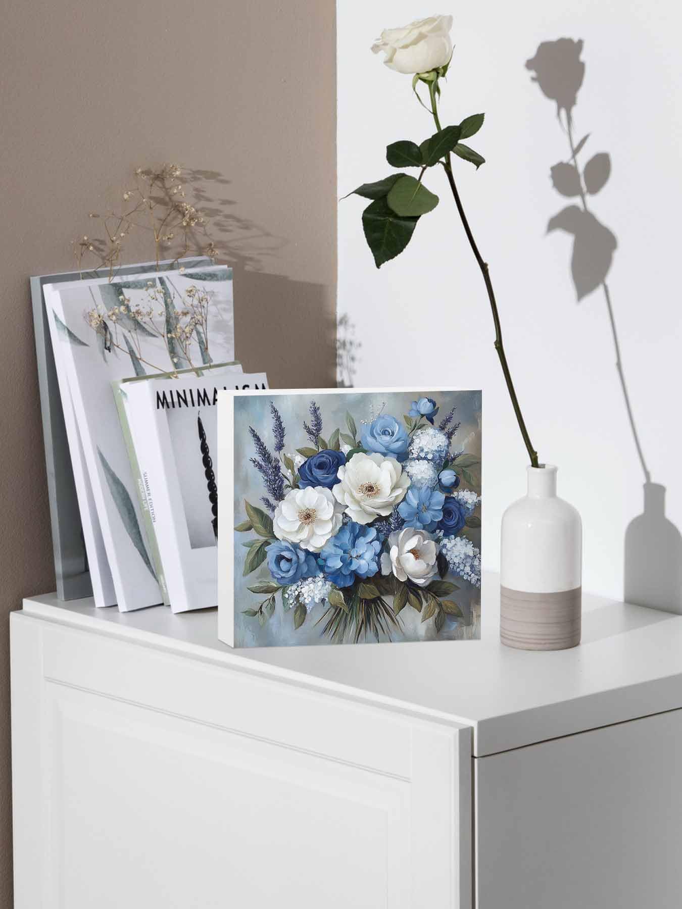 RisQiten Blue Spring Floral Home Room Office Decor Wooden Box Sign, Square Decorative Signs Plaques, Modern Art Flowers Pastoral Desk Decor Wood Block Plaque Shelf Table Decorations Gifts 6"x6"
