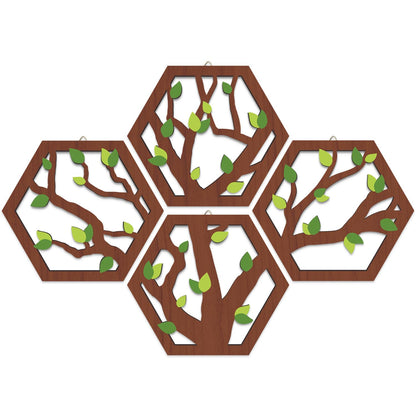HOURIA 4 Pcs Wooden Tree of Life Wall Art, Rustic Green Leaves Hollow Brown Wall Hanging Decor for Living Room,8"*10"Abstract Modern Family Tree Wood Wall Sculpture for Farmhouse Bedroom Nursery