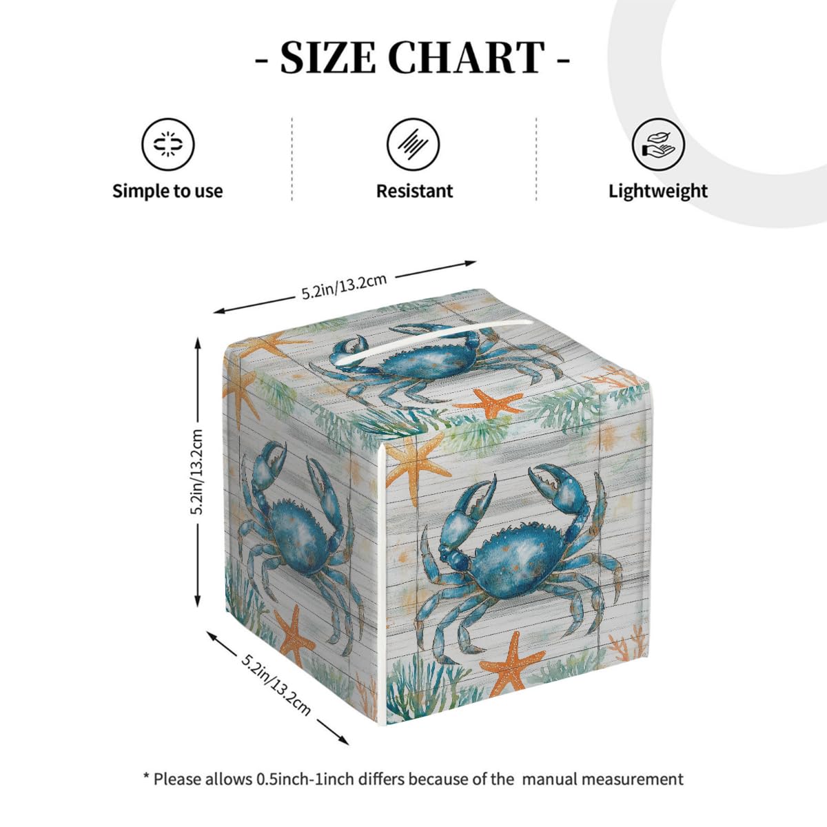 Tissue Box Cover PU Leather Square Tissues Holder Ocean Blue Crab On Wooden Decorative Facial Paper Organizer Dispenser for Bedroom Bathroom Vanity,Home Office Car