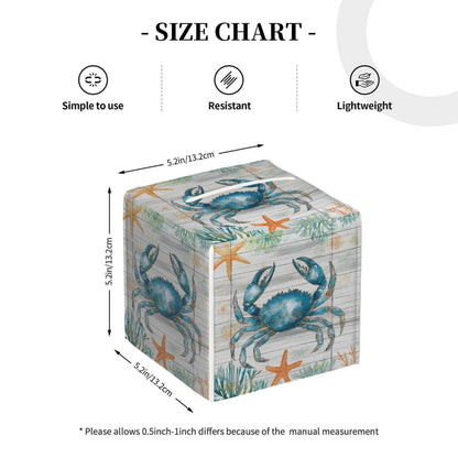 Tissue Box Cover PU Leather Square Tissues Holder Ocean Blue Crab On Wooden Decorative Facial Paper Organizer Dispenser for Bedroom Bathroom Vanity,Home Office Car