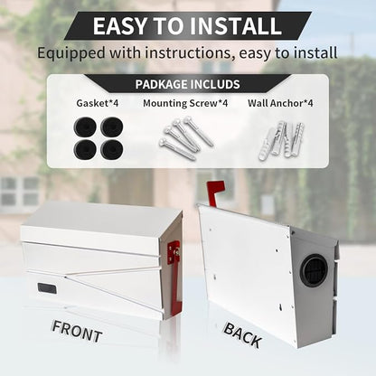 Ydocabinit Wall Mount Mailbox, Large Capacity Mailbox for House, with Flag, Visibility Galvanized Steel Rust-Proof Metal Post Drop Box, Mailboxes for Outside 15.74"×9.84"×4.33" Solar Lanterns White