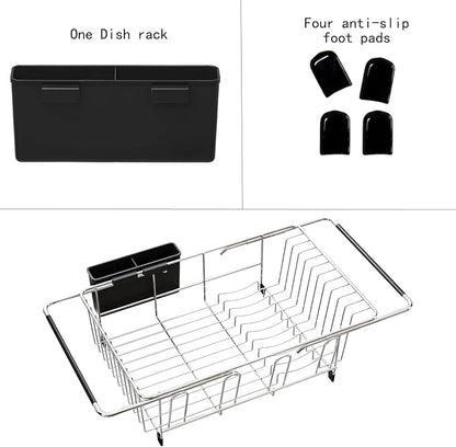 Expandable Over Sink Dish Drying Rack, Rustproof Stainless Steel Dish Drainer with Cutlery Utensil Holder, Quick Drainage Space Saving Kitchen Storage Organizer for Small Apartments RV