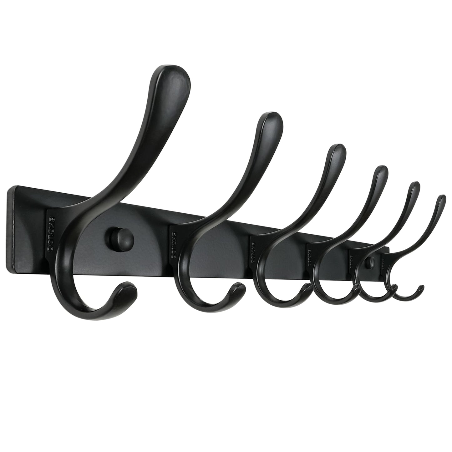 SKOLOO Coat Rack Wall Mounted - 6 Hooks, Heavy Duty, Stainless Steel, Metal Wall Hanger, Sturdy Coat Hooks for Hanging Coats, Jacket, Clothes, Hats - Black