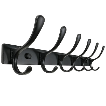 SKOLOO Coat Rack Wall Mounted - 6 Hooks, Heavy Duty, Stainless Steel, Metal Wall Hanger, Sturdy Coat Hooks for Hanging Coats, Jacket, Clothes, Hats - Black