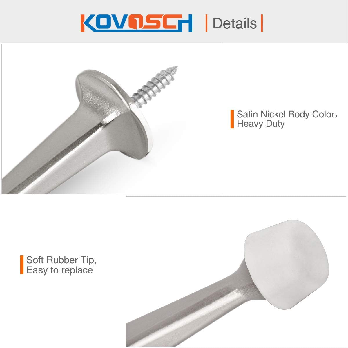 KOVOSCH 2 Pack Solid Rigid Door Stops - Heavy Duty Door Stoppers Wall Protector with Soft Rubber Tips, Satin Nickel