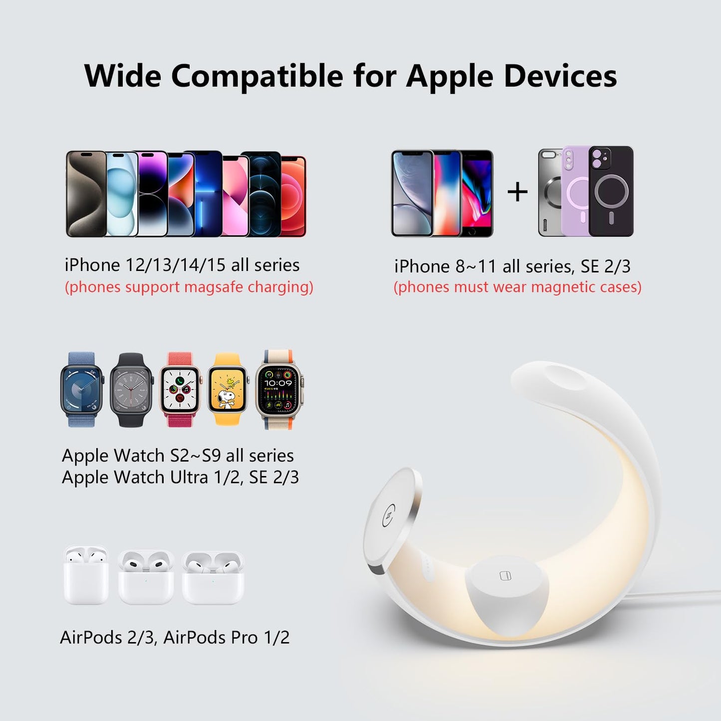 4-in-1 Wireless Charger Station with RGB Night Light, Compatible with iPhone, Apple Watch, and AirPods, Moon Shape Desktop Stand