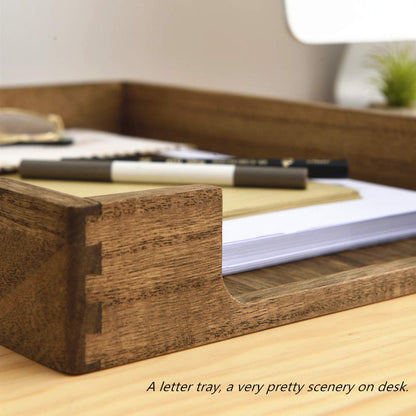 KIRIGEN Wood Letter Tray, Single-Tier Front-Load Desktop Paper Organizer, Brown Wooden Document Tray for Letter and A4 Paper, File Folder, Mail, Home Office Desk, 13.77 x 10.62 x 2.16 Inch, TP-DBR