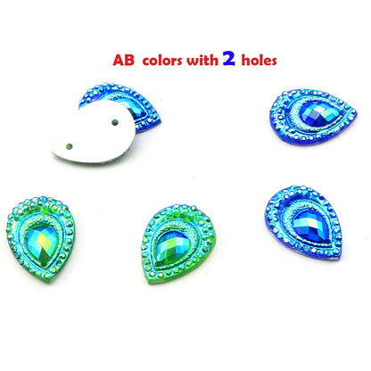 DZS Elec 50pcs Birdseye Water Drop Blue and Green Double Color Edge Flat Bottom Resin Peacock Feather Rhinestones Beads for Sewing DIY Crafts Accessories