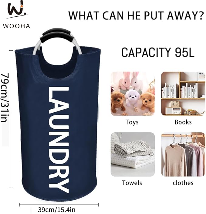 WOOHA 95L Large laundry basket, Collapsible laundry hamper, Tall Clothes