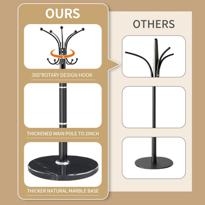 LOZABEE Metal Heavy Duty Coat Rack Stand, Modern Freestanding Coat Rack with Natural Marble Base, 360° Roraty Coat Racks with 16 Hooks, Black Coat Hall Tree Hanger Stand for Entryway, Office