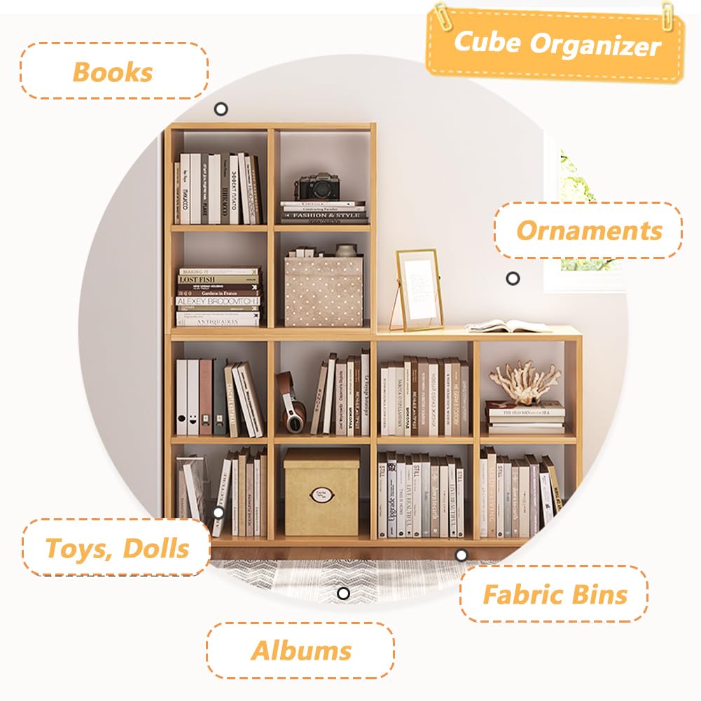 NELYE 8 Cube Organizer Bookcase - Fabric Storage Bins Container, Open Shelf Simple Compartments Bookshelf, Oak
