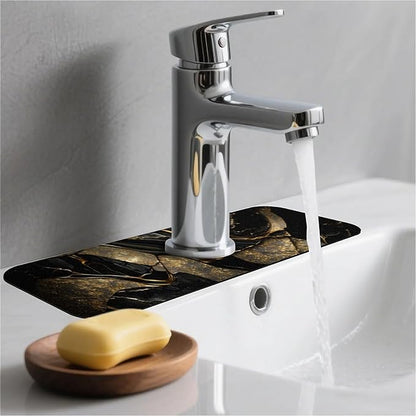 Kitchen Sink Splash Guard，Black and metallic gold marble Faucet Mat Sink