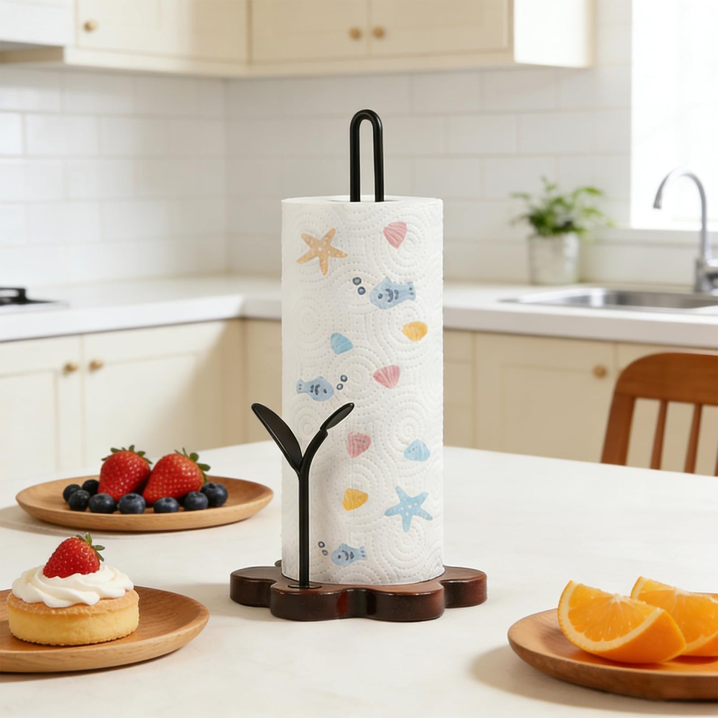 Wooden Paper Towel Holder Countertop,Kitchen Paper Towel Holder with Floral Base & Leaf-Shaped Accent with -Stable & Durable, Anti-Slip, Paper Towel Roll Holder for Farmhouse/Kitchen/Dining Décor