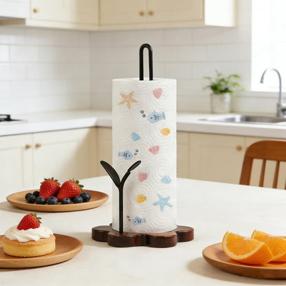 Wooden Paper Towel Holder Countertop,Kitchen Paper Towel Holder with Floral Base & Leaf-Shaped Accent with -Stable & Durable, Anti-Slip, Paper Towel Roll Holder for Farmhouse/Kitchen/Dining Décor