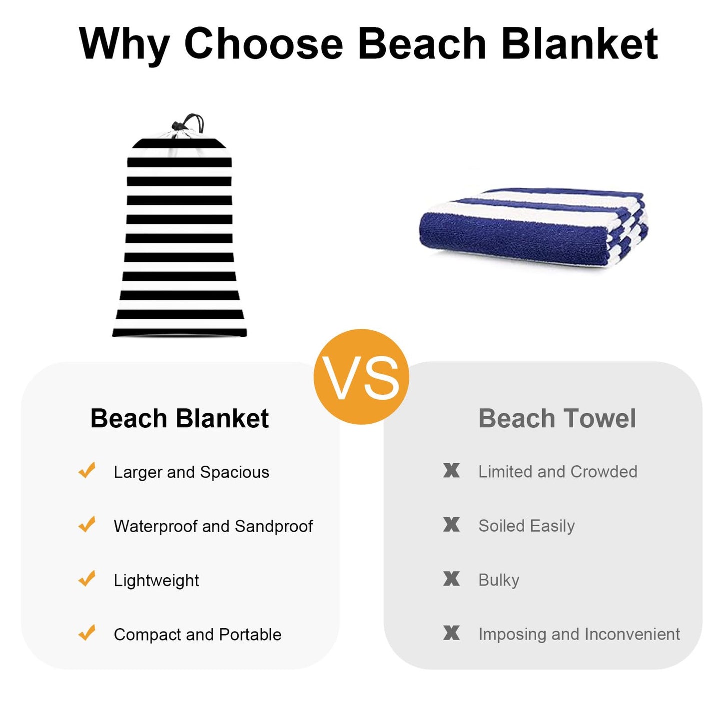 Waterproof Sandproof Beach Blanket, 78''×86'' Large Outdoor Picnic Blanket for 4 Adults, Compact Beach Mat Sand Free for Travel, Camping, Beach Accessories Essentials for Vacation-Black & White Stripe