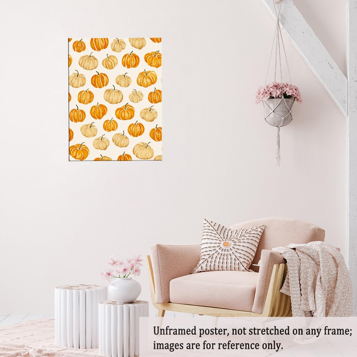 Pumpkin Pattern Wall Art – Modern Fall Illustration Print with Beige and Orange Gourds, Seasonal Autumn Canvas for Farmhouse Dining Room or Entryway 12x16in Unframed