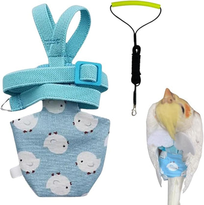 Adjustable Bird Diaper Harness Flight Suit Clothes with 80 Inch Flying Leash Rope for Parrots Conure Cockatiel (Blue,Sulphur-Crested Cockatoo)