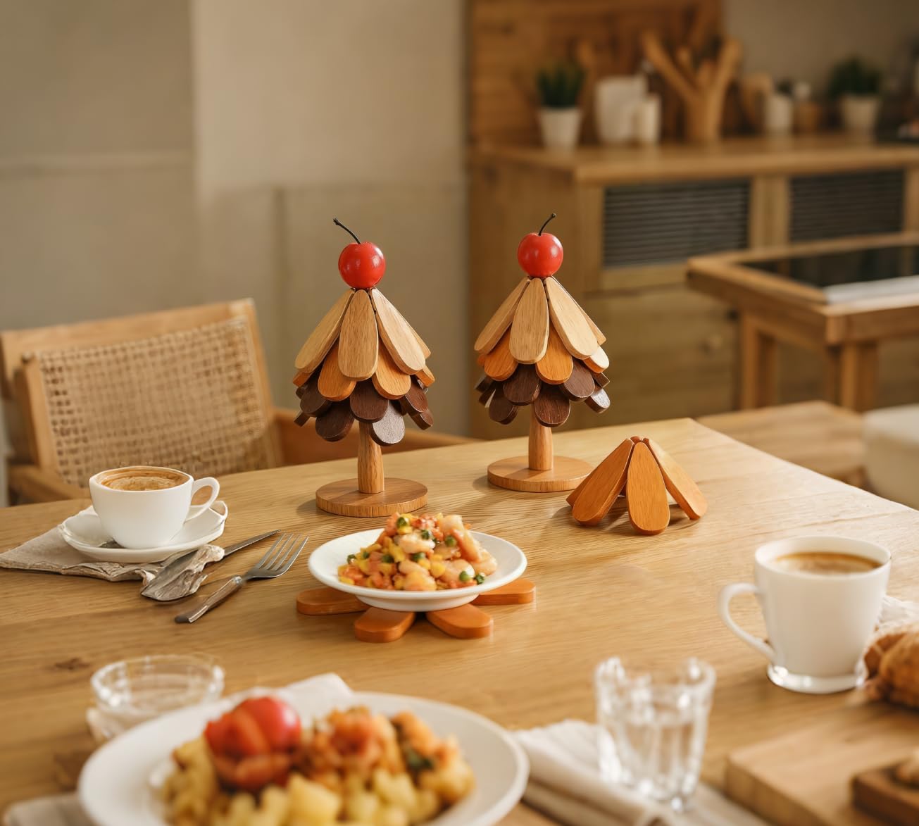 4 Sets in Wooden Apple Tree Trivets for Hot Dishes, Christmas Apple Tree Shape Table Decorations with 4 Piece of Hot Pot Pans, Walnut Wooden Coasters for Hot Soup Coffee Bowls Teapots,Table Decor