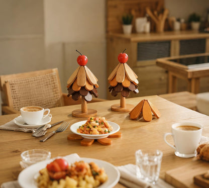 4 Sets in Wooden Apple Tree Trivets for Hot Dishes, Christmas Apple Tree Shape Table Decorations with 4 Piece of Hot Pot Pans, Walnut Wooden Coasters for Hot Soup Coffee Bowls Teapots,Table Decor