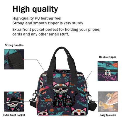 UOYO Lunch Bag Sugar Skull Flower Cat Lunchbox Organizer Insulated Waterproof Men Women Tote Cooler Handbag Adjustable Shoulder Strap for kids Girls Boys School Office Picnic