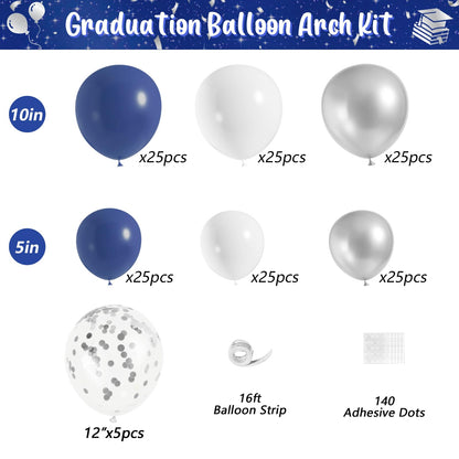 Graduation Balloon Arch Kit 2026, 194pcs Class of 2026 Graduation Decorations, All-in-One Balloon Garland Kit for Graduation Party Backdrop & Photo Booth,Navy Blue Silver Balloons with GRAD Letters