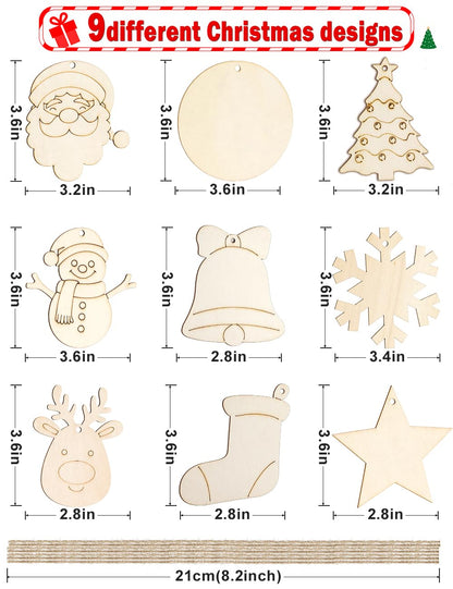 Wohohoho 45Pcs Unfinished Paintable Blank Wooden Christmas Ornaments with Tray, 9 Designs DIY Predrilled Wood Ornaments for Crafts. Christmas Tree Hanging Decorations Xmas Art Birthday Gift for Kids