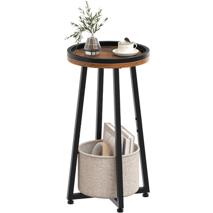 HOOBRO Small Round Side Table, 2-Tier Round Sofa End Table, Compact Nightstand with Cotton Linen Storage Basket, for Small Space, Living Room, Bedroom, Dorm, Rustic Brown BF183BZ01
