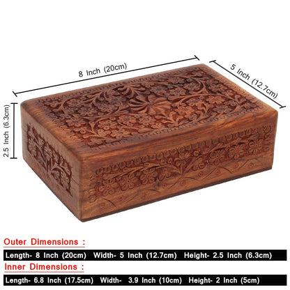 Ajuny Wooden Handcarved Decorative Jewelry Storage Box Flower Design Multipurpose Treasure Chest Keepsake Organizer Necklaces Watch Boxes Great for Gifts 8x5 Inch