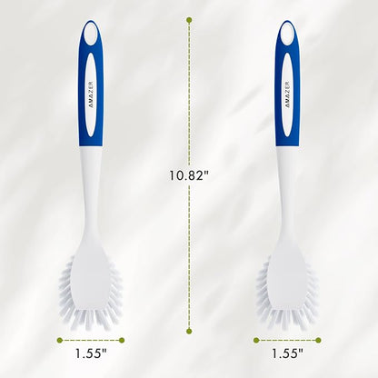 Amazer Dish Brush with Handle, 2 Pack Kitchen Scrub Brushes with Built-in Scraper for Cleaning, Dish Scrubber with Stiff Bristles for Sink, Pots, Pans (Blue+Blue)