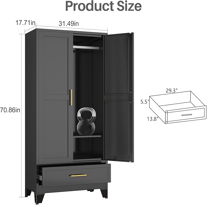 winiowa Metal Armoire Wardrobe Closet with Drawer, 71" Wardrobe Cabinet with Adjustable Shelves and Hanging Rod, Clothing Storage Cabinet Closet for Bedroom-Black