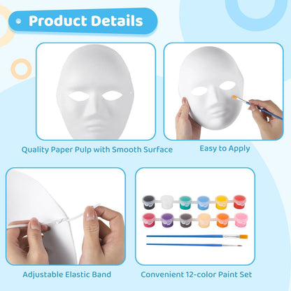 50 Pcs Paper Mache Masks, DIY Blank White Masks, Full Face Set with 5 Paint Sets & Palettes, 25 Male & 25 Female Paintable Masks for Halloween, Masquerade, Craft Projects