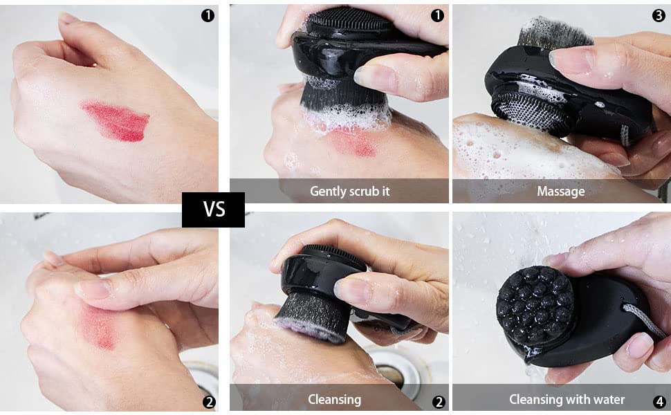 2 Pack Facial Cleansing Brush 2 in 1 for Face Exfoliation, Soft Bamboo Charcoal Microfiber Bristle Dual Face Silicone Scrubber Brush for Pore Deep Cleansing Skincare with Lid, Black+Gradient