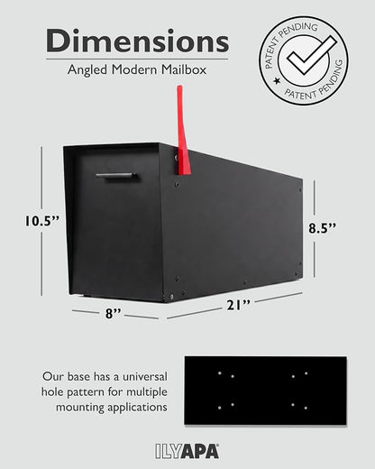 Ilyapa Modern Angle Design Post Mount Modern Mailbox - Black Exterior Powder Coated Steel, All Weather & Corrosion Resistant, Stainless Steel Hinges