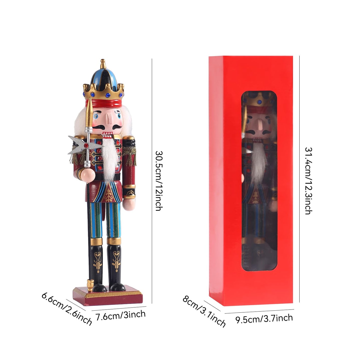 KoolShare 12-Inch Christmas Nutcracker Figurines, Set of 2 Traditional Wooden King & Soldier with Sword & Spear, Handcrafted Standing Holiday Decorations for Fireplace, Shelf, or Tabletop Display