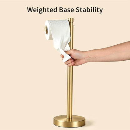 YUMORE Toilet Paper Holder Stand, 4.4lbs Heavy Duty Stainless Steel Free Standing Bathroom Tissue Roll Holder, Brushed Gold