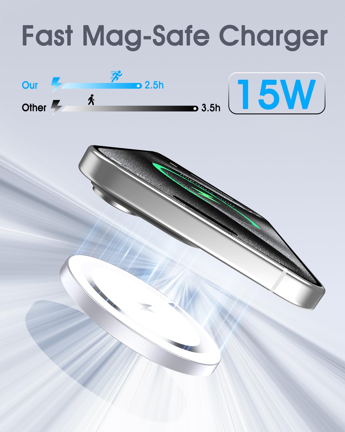 WRVVR for Apple Mag-Safe Charger 2 Pack, Magnetic Wireless Charger for iPhone 16 15 14 13 12 Pro Max Plus mini, 15W Fast Charging Pad, for Airpods 4/3/2/Pro, Strong Magnet, Silver
