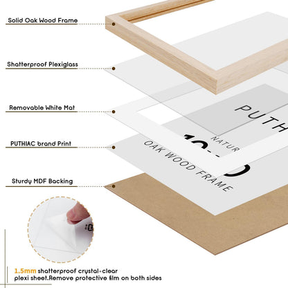 puthiac 10x10 Solid Oak Wood Picture Frame, Fits 6x6 with Mat or 10x10 Without Mat, Wall Display Only, Plexi Front, 1 Pack, Natural Oak