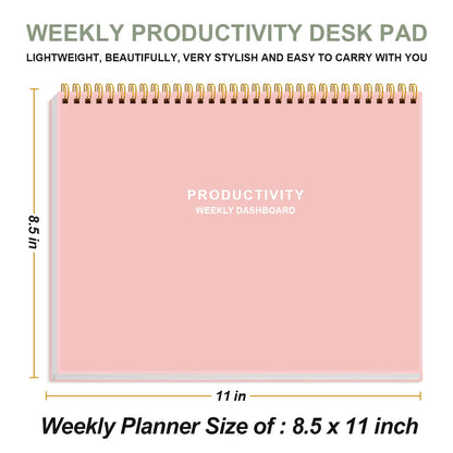 Weekly Productivity Dashboard - 8.5" x 11" Dashboard Desk Notepad Has 6 Focus Areas to List Tasks for Goals, Projects, Clients, Academic or Meal-Organize Your Daily Work Efficiently, 54 Weeks, Light Pink