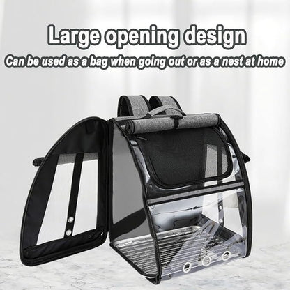 Bird Travel Cage Backpack - Portable Transparent Carrier with Standing Perch, Stainless Steel Mesh and Feeder Cups for Small Birds Like Parrot Parakeet(Grey)