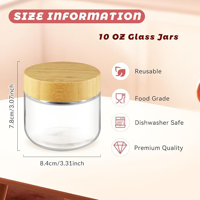 Wresty Empty Clear Glass jars with Airtight Lids Overnight Oats Containers Glass Food Storage Containers Glass Mason Jars For Yogurt Snacks Spice Sugar Jam And More (3 Pcs Bamboo Lids, 300ml/10oz)