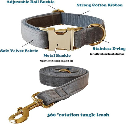 Love Dream Velvet Dog Collar and Leash Set, Soft & Comfy Adjustable Dog Leash and Collar with Heavy Duty Metal Buckle for Small Medium Large Dogs Training & Walking (Large, Grey)