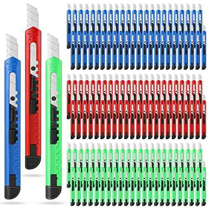 Lasnten 200 Pcs Box Cutter Utility Knife Small Retractable 9mm Wide Snap off Blade Knife Plastic Compact Box Opener with Sliding Lock Tools for Home Office Arts Crafts, 3 Colors