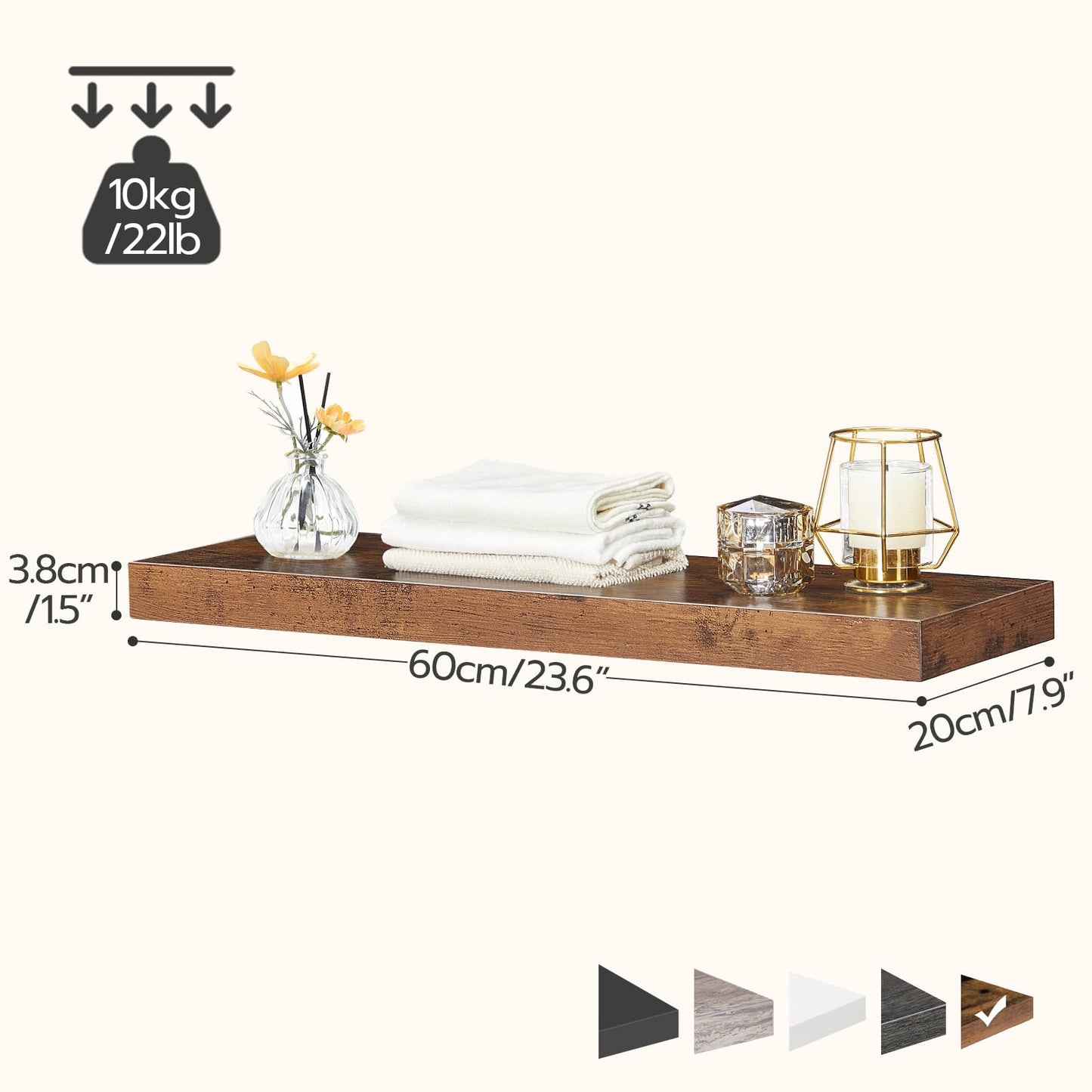 HOOBRO Floating Shelves for Wall, Wall Mounted Shelf Set of 2, 23.6" Hanging Shelf with Invisible Brackets, for Wall Decor Storage in Bathroom Bedroom Kitchen Living Room Office, Rustic Brown BF60BJ01