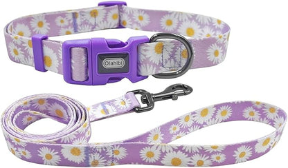 Dog Collar Leash Set, Floral Pattern, Polyester Material, Adjustable Collar and 5ft Matchcing Leash, for Puppy Dogs.(XS, Light Purple Daisy)