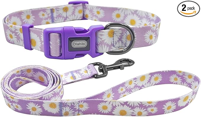 Dog Collar Leash Set, Floral Pattern, Polyester Material, Adjustable Collar and 5ft Matchcing Leash, for Medium Dogs.(M, Light Purple Daisy)