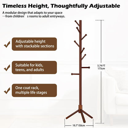 Arborus Wooden Coat Rack Freestanding, Adjustable Height Solid Wood Clothes Stand with 8 Ball-End Hooks, Stable Tripod Base, 5.7FT Floor Coat Tree for Entryway Bedroom Office, Brown