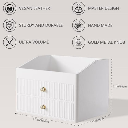 LADSTAG Makeup Organizer Countertop,Leather Makeup Storage with 2 Drawers,Large Capacity Beige White Make up Organizers for Counter,Bedroom,Bathroom,Birthday Gifts for Women