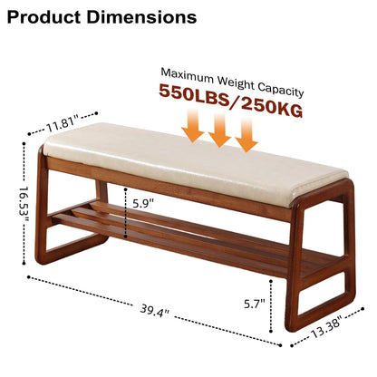 SOBIBO Solid Wood Shoe Bench, 2-Tier Wooden Entryway Bench, Modern Shoe Rack with Faux Leather Cushion for Hallway, Living Room (Gray, 39.4'')