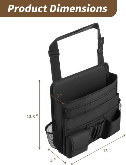Car Front Seat Organizer for Paperwork File Laptop Mobile Office, Multi Compartment Storage Bag with Cup holder and Adjustable Strap for Car Work Truck Van