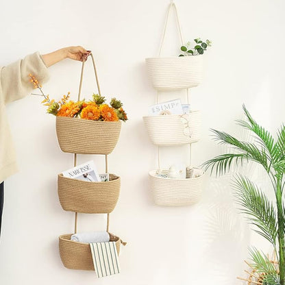 TeoKJ Over the Door Hanging Baskets, 3-Tier Woven Cotton Storage Organizer Bag